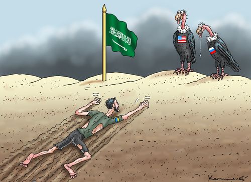 American and Russian Vultures Drooling at Zelenskyy Crawling in Saudi Desert