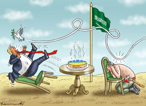 Trump and Putin Eating Ukraine Cake In Saudi Desert