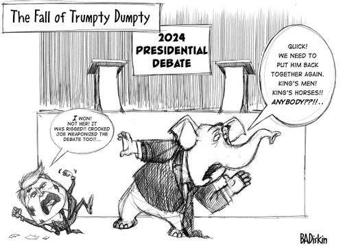 "The fall of Trumpty Dumpty"  "2024 presidential debate"  "I won! Not if it was rigged! Crooked Joe weaponized the debate too!!"  "Quick! We need to put him back together again. King's men! King's horses!! Anybody?!?!!"