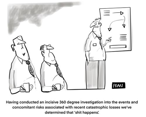 "Having conducted an incisive 360 degree investigation into the events and concomitant risks associated with recent catastrophic losses we’ve determined that ‘shit happens.’"