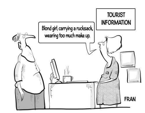 "Blond girl, carrying a rucksack, wearing too much make up."