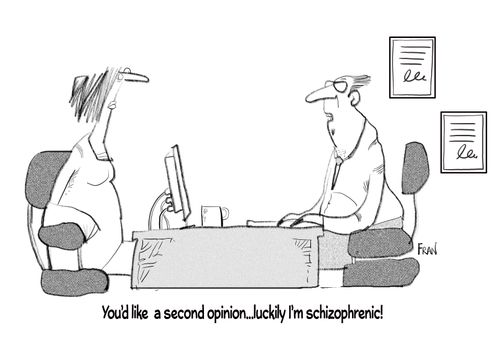 "You'd like a second opinion....luckily I'm schizophrenic!"