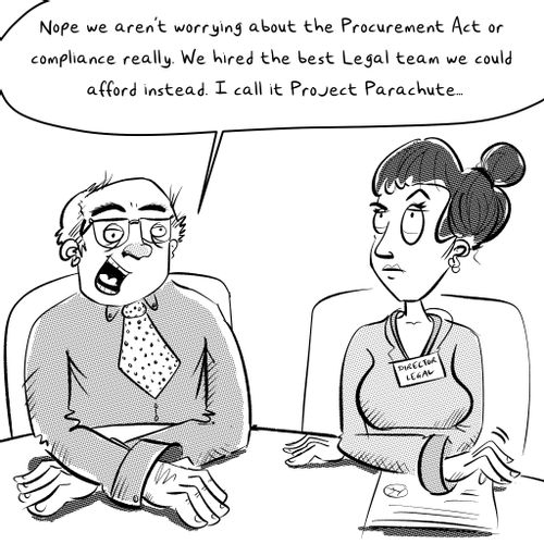 "Nope we aren't worrying about the Procurement Act or compliance really. We hired the best Legal team we could afford instead. I call it Project Parachute..."