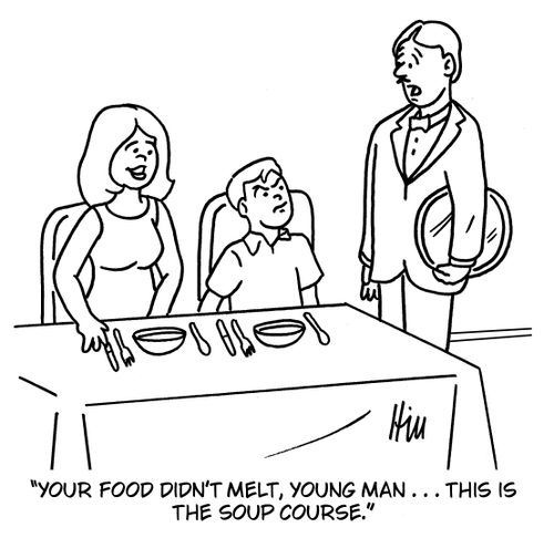 "Your food didn't melt, young man... this is the soup course."