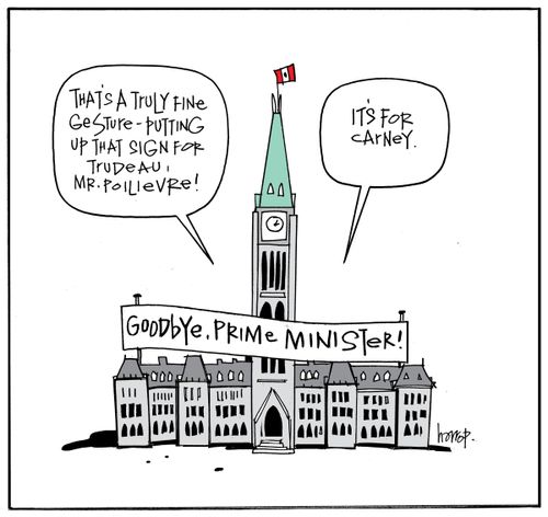 "That's a truly fine gesture - putting up that sign for Trudeau - Mr. Poilievre!"  "It's for Carney."  "Goodbye, Prime Minister!"