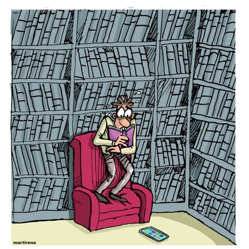 A bookworm is confronted by a cellphone.