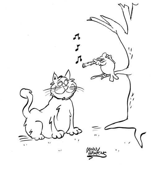 A bird plays the flute to a cat.