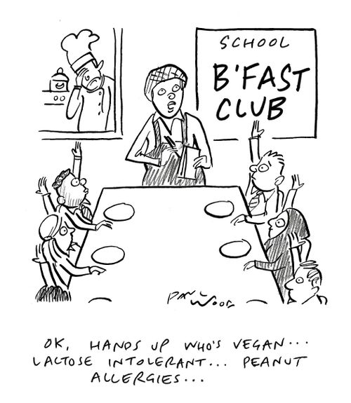 "OK, hands up who’s vegan... lactose intolerant... peanut allergies..."