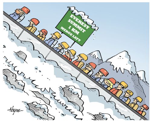 "Everest summit 1 km merge left"