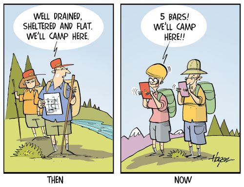 "Well drained, sheltered and flat. We'll camp here."   "5 bars! We'll camp here!!"