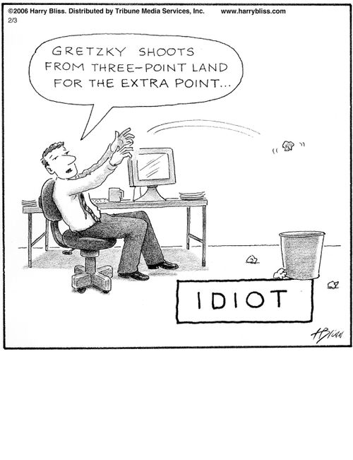 "Gretzky shoots from three-point land for the extra point..."   "Idiot"