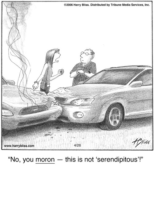 "No, you moron — this is not 'serendipitous'!"
