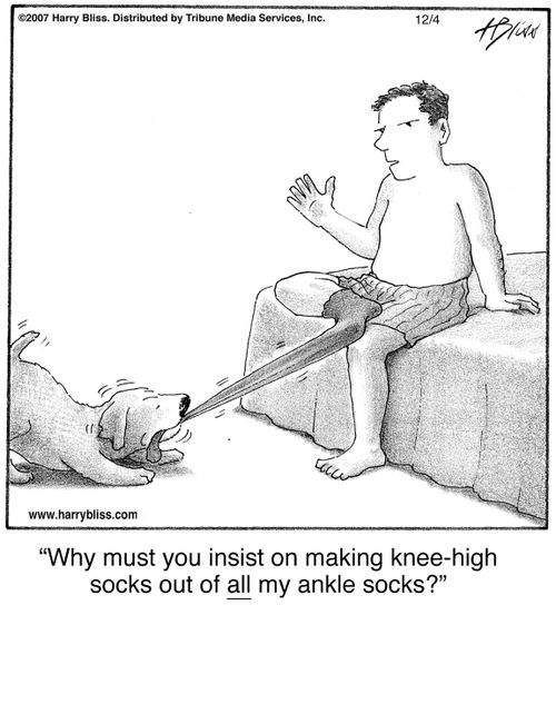 "Why must you insist on making knee-high socks out of all my ankle socks?"