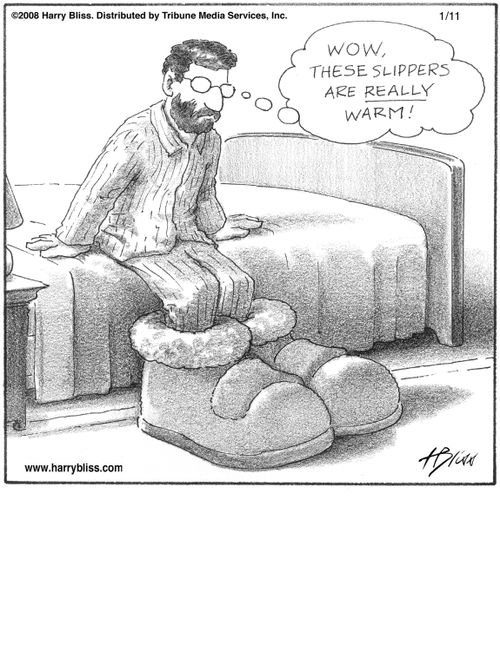 "Wow, these slippers are really warm!"