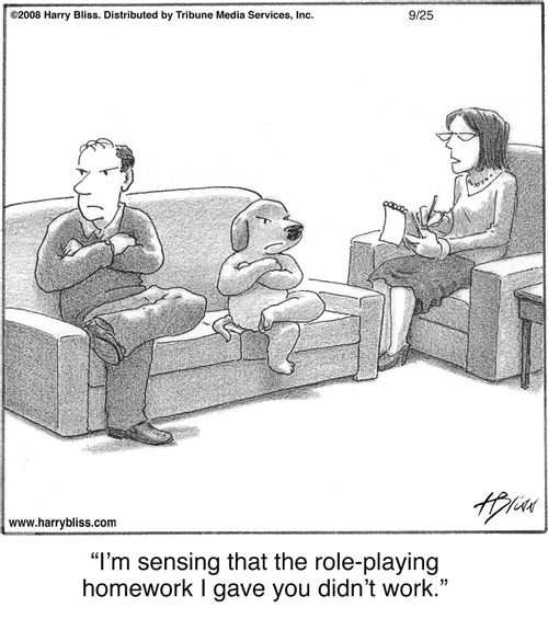 "I'm sensing that the role-playing homework I gave you didn't work."