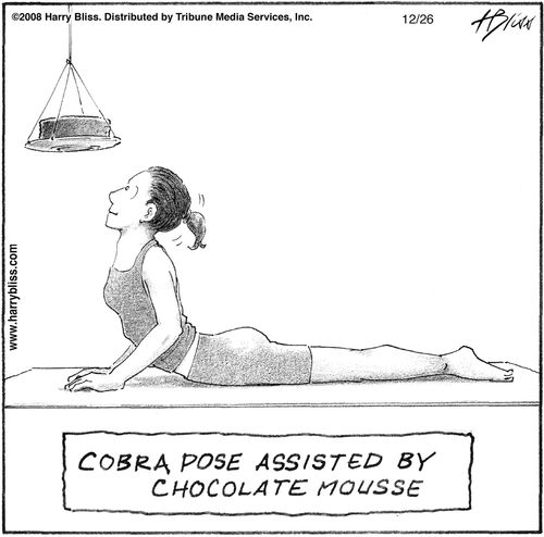 "Cobra pose assisted by chocolate mousse."