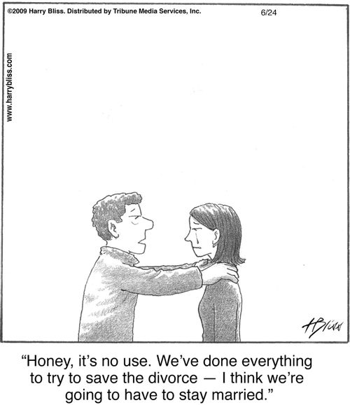 "Honey, it’s no use. We’ve done everything to try to save the divorce — I think we’re going to have to stay married."