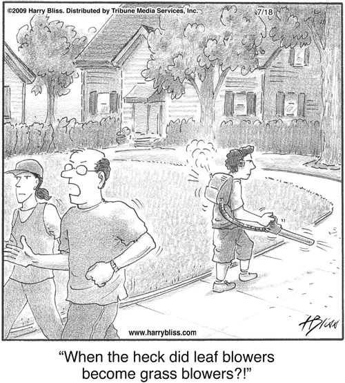 "When the heck did leaf blowers become grass blowers?!"