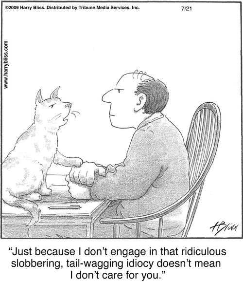 "Just because I don't engage in that ridiculous slobbering, tail-wagging idiocy doesn't mean I don't care for you."