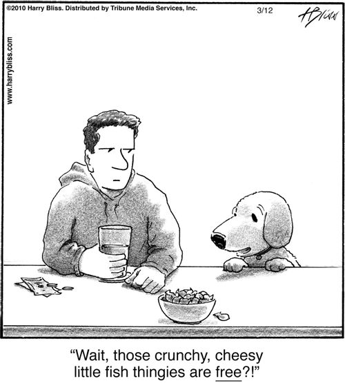 "Wait, those crunchy, cheesy little fish thingies are free?!"