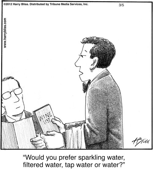 "Would you prefer sparkling water, filtered water, tap water or water?"