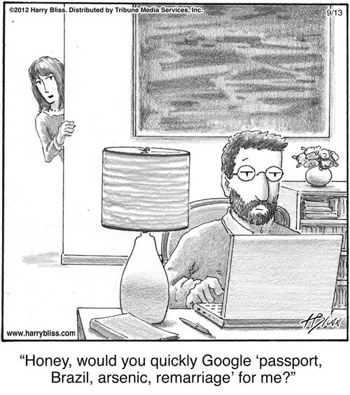 "Honey, would you quickly Google ‘passport, Brazil, arsenic, remarriage’ for me?"