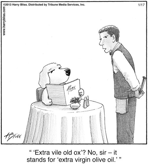 "‘Extra vile old ox’? No, sir – it stands for ‘extra virgin olive oil.’"
