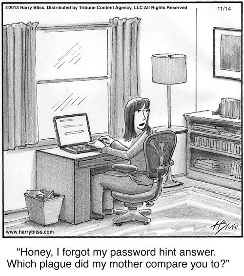 "Honey, I forgot my password hint answer. Which plague did my mother compare you to?"