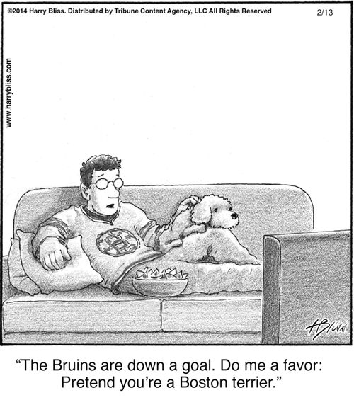 "The Bruins are down a goal. Do me a favor: Pretend you’re a Boston terrier."