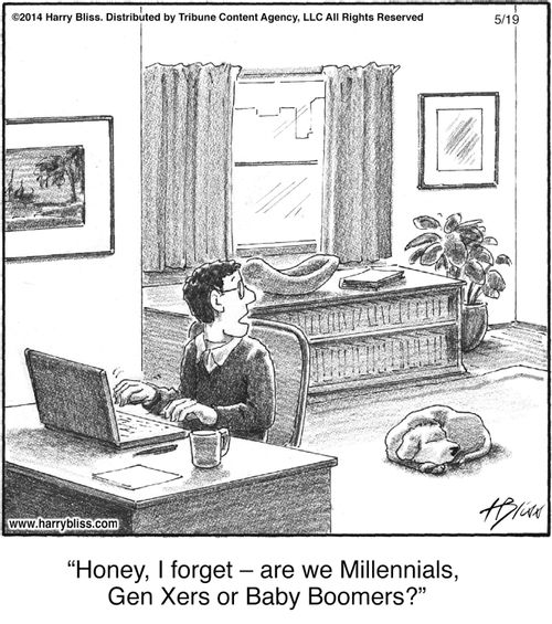 "Honey, I forget — are we Millennials, Gen Xers or Baby Boomers?"