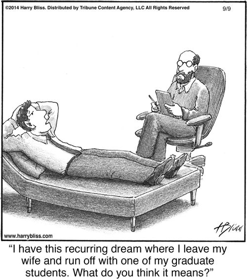 "I have this recurring dream where I leave my wife and run off with one of my graduate students. What do you think it means?"