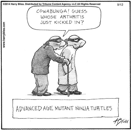 "Cowabunga! Guess whose arthritis just kicked in?    Advanced age, mutant ninja turtles"