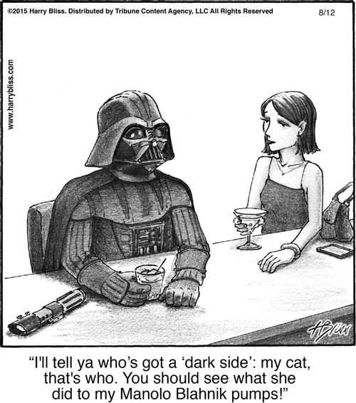 "I’ll tell ya who’s got a ‘dark side’: my cat, that’s who. You should see what she did to my Manolo Blahnik pumps!"