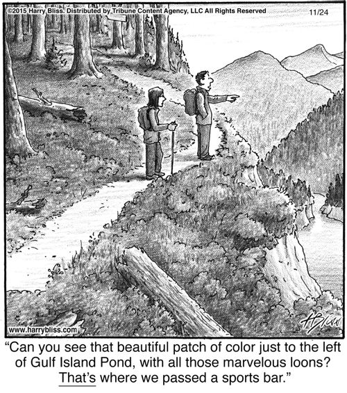 "Can you see that beautiful patch of color just to the left of Gulf Island Pond, with all those marvelous loons? That’s where we passed a sports bar."