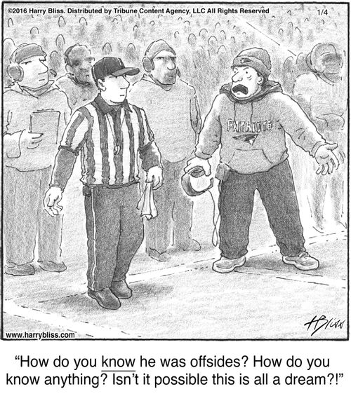 "How do you know he was offsides? How do you know anything? Isn’t it possible this is all a dream?!"
