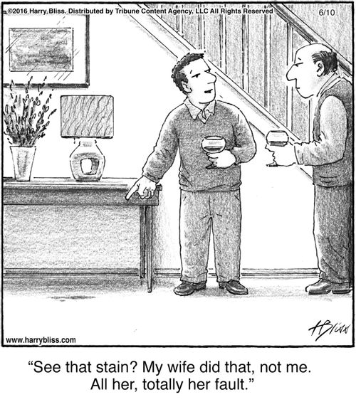 "See that stain? My wife did that, not me. All her, totally her fault."