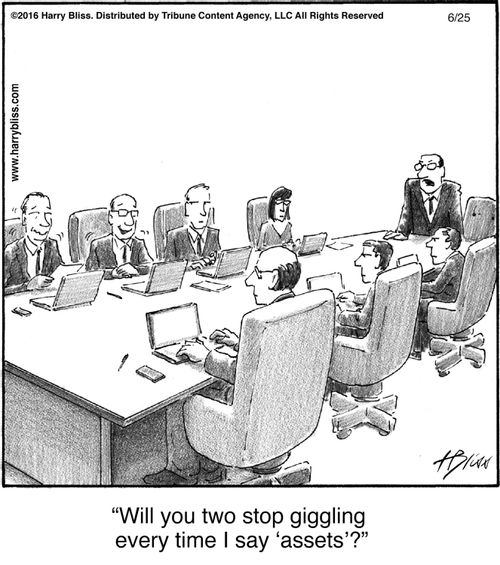 "Will you two stop giggling every time I say 'assets'?"