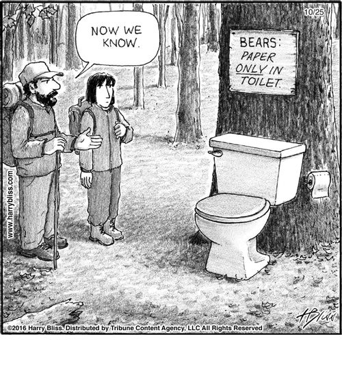 "Now we know."  "Bears: paper only in toilet."