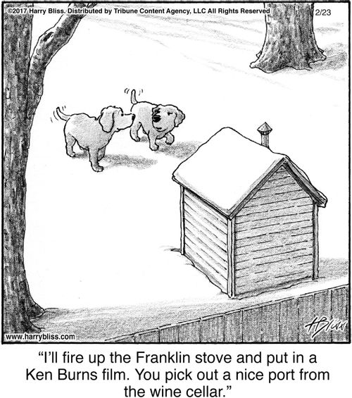 "I'll fire up the Franklin stove and put in a Ken Burns film. You pick out a nice port from the wine cellar."