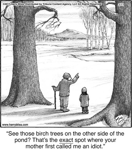 "See those birch trees on the other side of the pond? That’s the exact spot where your mother first called me an idiot."
