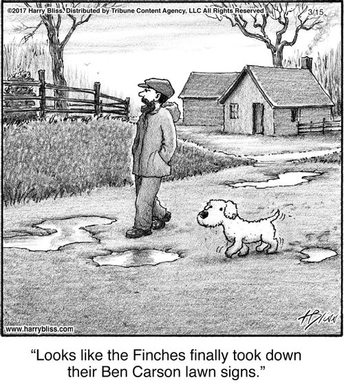 "Looks like the Finches finally took down their Ben Carson lawn signs."