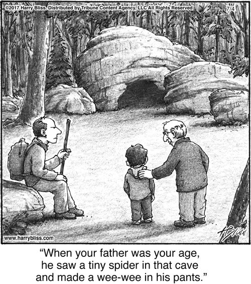 "When your father was your age, he saw a tiny spider in that cave and made a wee-wee in his pants."