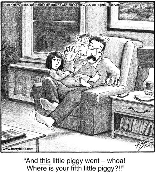 "And this little piggy went – whoa! Where is your fifth little piggy?!"