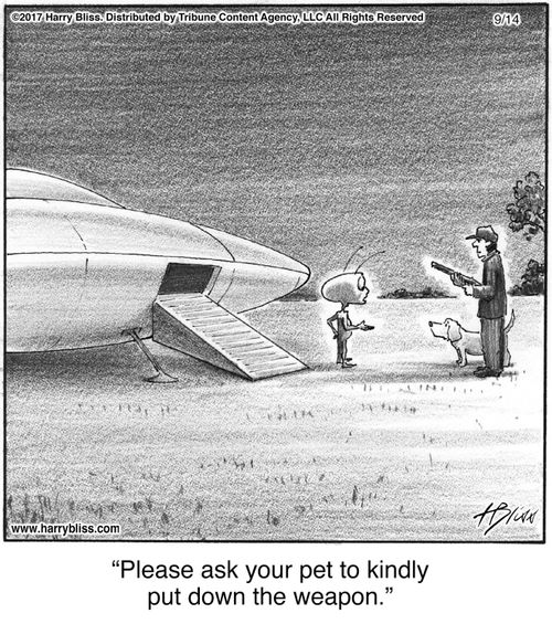 "Please ask your pet to kindly put down the weapon."