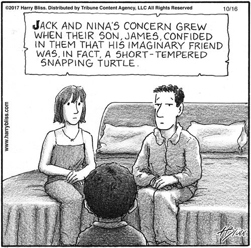 "Jack and Nina's concern grew when their son, James, confided in them that his imaginary friend was, in fact, a short-tempered snapping turtle."