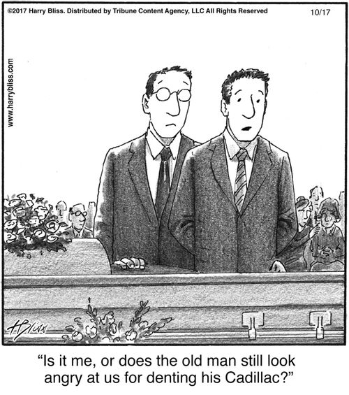 "Is it me, or does the old man still look angry at us for denting his Cadillac?"