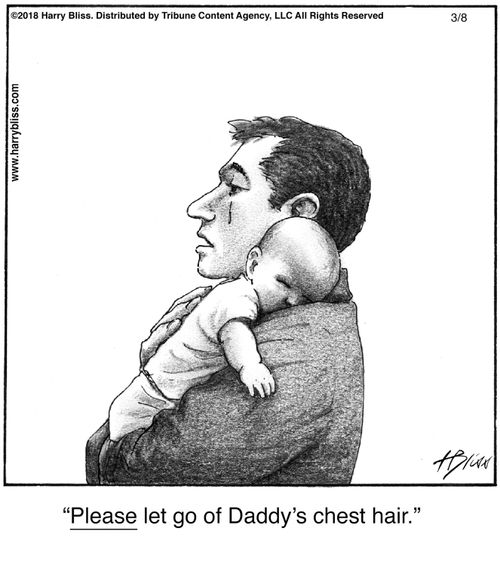 "Please let go of Daddy's chest hair."