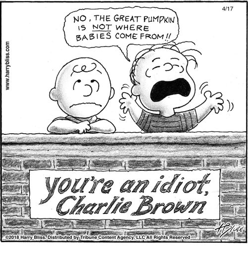 "No, the Great Pumpkin is not where babies come from!!"  "You're an idiot, Charlie Brown."