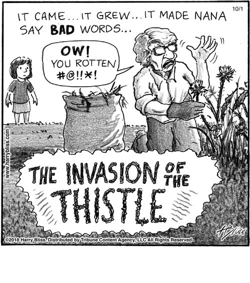"It came... it grew... it made Nana say bad words... 'Ow! You rotten #@!!×!' The invasion of the thistle"