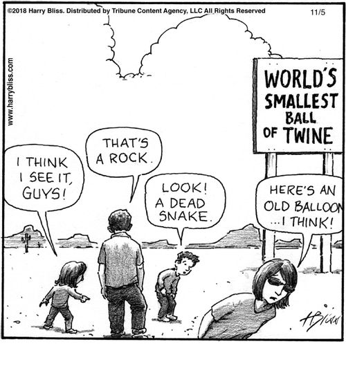 "I think I see it, guys!"   "That's a rock."   "Look! A dead snake."   "Here's an old balloon... I think!"   "World's smallest ball of twine."